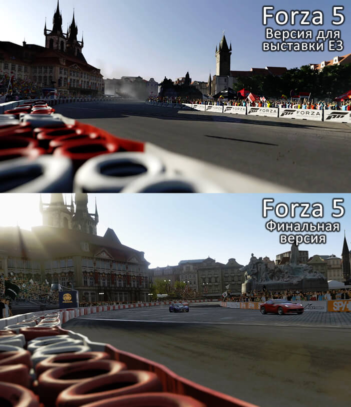 Forza 5 также лишилась некоторых световых эффектов и большей части текстур высокого разрешения