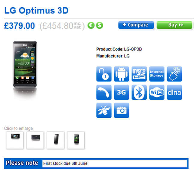 LG Optimus 3D в продаже с 6 июня через британский Clove. Фото.