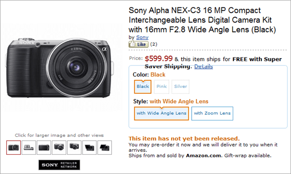 Sony Alpha NEX-C3 на Amazon за 600 $ (предзаказ). Фото.