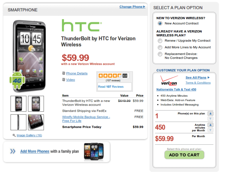 HTC Thunderbolt всего за $ 59,99 на Wirefly. Фото.