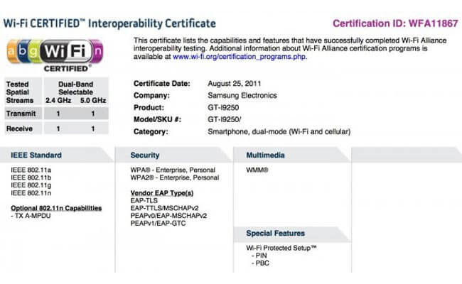 Samsung Nexus Prime прошел Wi-Fi сертификацию. Фото.