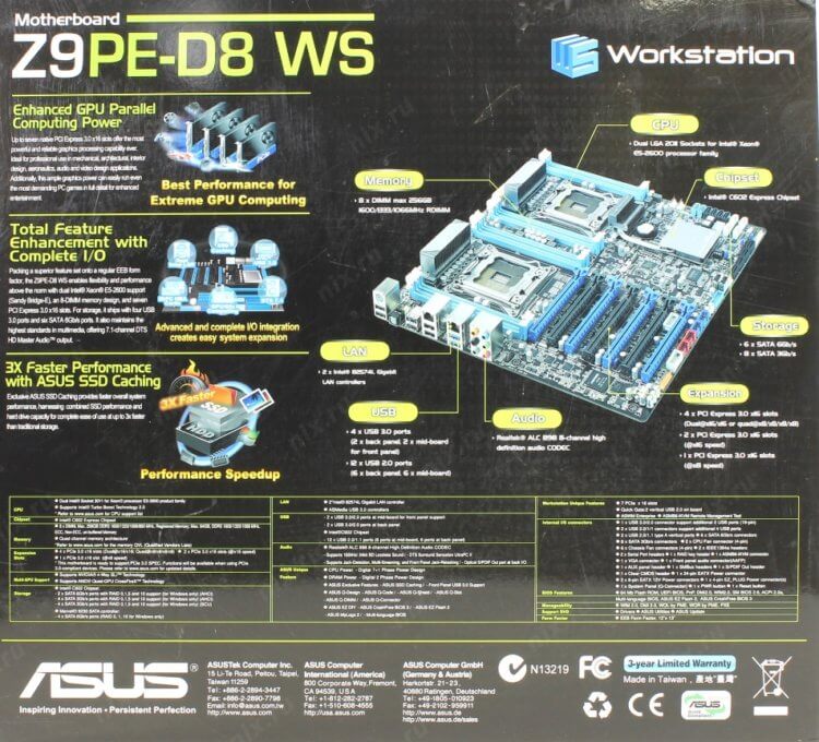 CeBIT 2012: ASUS официально представила материнскую плату Z9PE-D8 WS с двумя сокетами LGA2011. Особенности ASUS Z9PE-D8 WS. Фото.