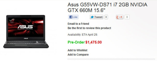 Игровой ноутбук ASUS G55VW (на базе Ivy Bridge) доступен для предзаказа. Фото.