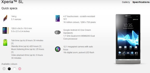 Sony запустила официальную веб-страницу Xperia SL. Фото.