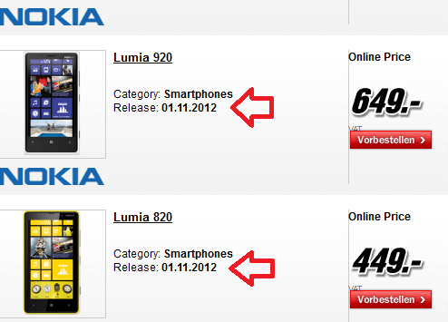 Nokia Lumia 920 и Nokia Lumia 820 на сайте MediaMarkt