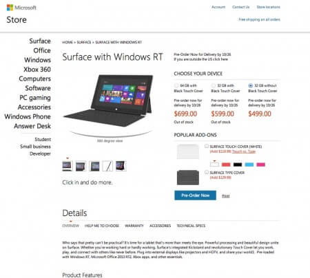 Планшет Microsoft Surface на базе ОС Windows 8 RT оценен в $499. Фото.