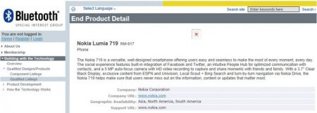Nokia Lumia 719 подтвержден через Bluetooth SIG. Фото.