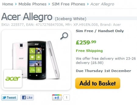 Acer Allegro Windows Phone Mango появится в декабре (Британия). Фото.
