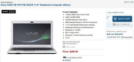 Стоимость нетбука Sony Vaio YB опускается до 490$. Фото.