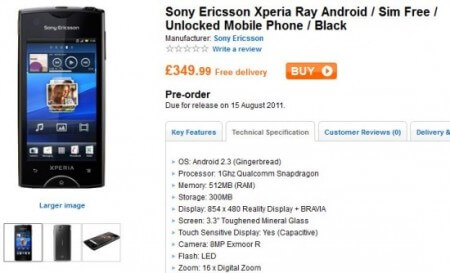 Продажи Sony Ericsson Xperia ray начнутся 15 августа. Фото.