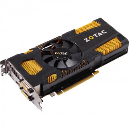 Видеокарта Zotac GeForce GTX 560 Ti 448 Cores отличается заводским разгоном. Фото.