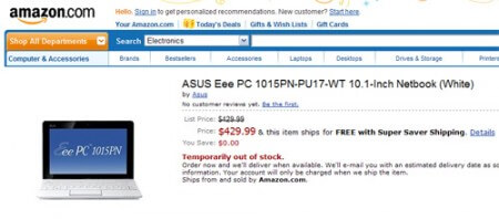 Быстрые нетбуки ASUS 1015PN появились на Amazon. Фото.
