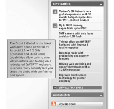 На официальном сайте Motorola появились спецификации Droid 2 Global. Фото.