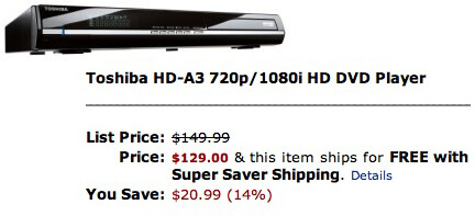 Плеер Toshiba HD-A3 с 7 HD DVD-дисками всего за $129. Фото.