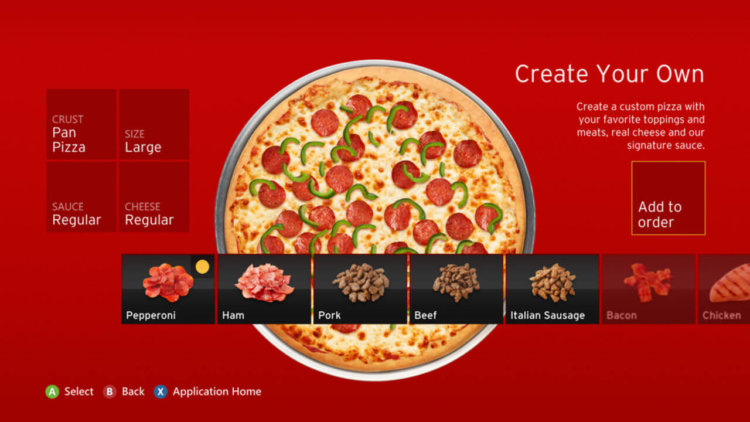 Приложение для заказа пиццы с Xbox 360