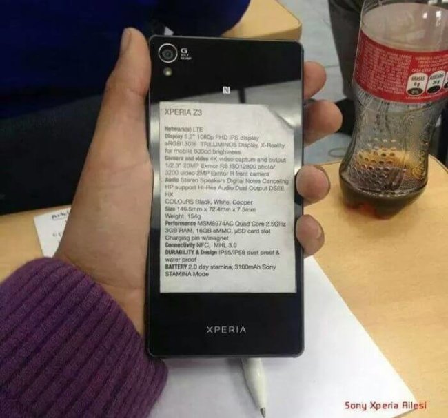 В Сеть «утекли» полные технические характеристики смартфона Sony Xperia Z3. Фото.