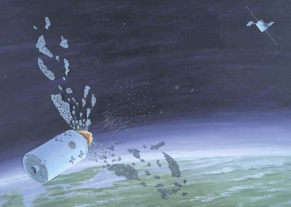 Иллюстрация DIA 1986 года работы спутника-перехватчика, атакующего свою цель. Фото.