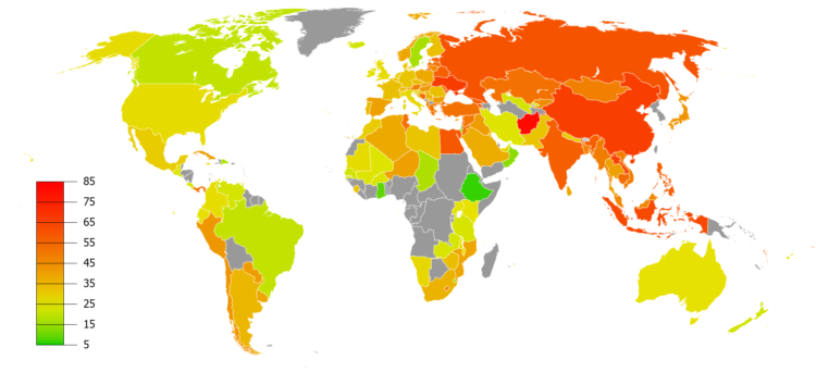 Процент курящих мужчин по странам