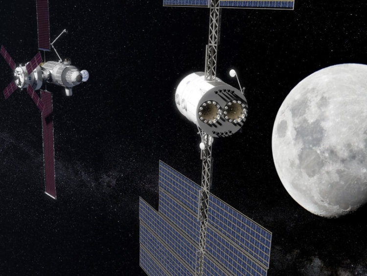 Орбитальная станция на Луне. Художественное представление транспортного космического аппарата NASA Deep Space Transport (справа). Фото.