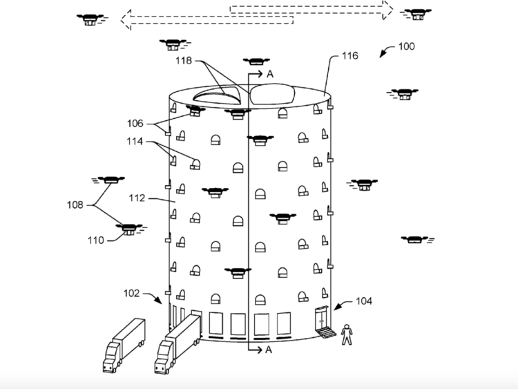 Новый патент Amazon: башня-парковка для дронов. Фото.