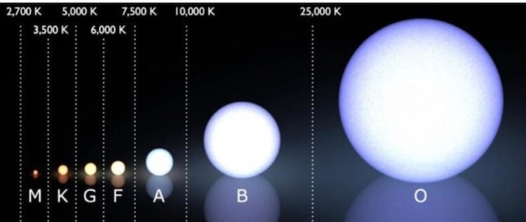 Современная система спектральной классификации Моргана-Кинана с температурным диапазоном каждого звездного класса, показанного выше, в кельвинах. Подавляющее большинство звезд (75%) являются звездами М-класса, из которых лишь 1 на 800 достаточно массивна, чтобы стать сверхновой. Фото.