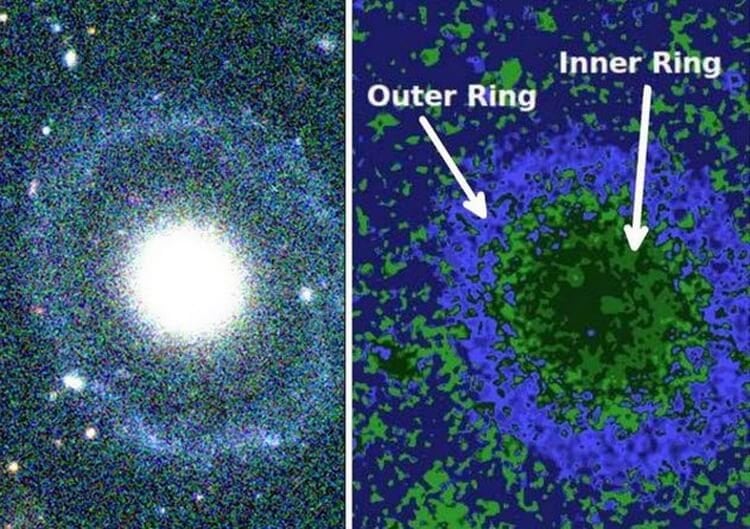 Галактика с двойным галактическим кольцом. Двойное кольцо это очень необычно. Фото.