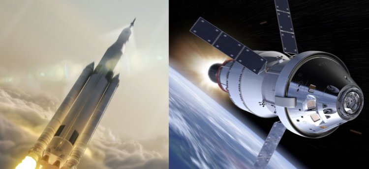 Какие надежды Илон Маск возлагает на новую ракету BFR. Художественное представление ракеты-носителя Space Launch System (SLS) и многофункционального космического аппарата Orion. Фото.
