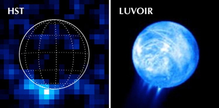 Телескоп LUVOIR. Энцелад, каким его видел «Хаббл» (слева) и каким его увидит LUVOIR (справа). Фото.