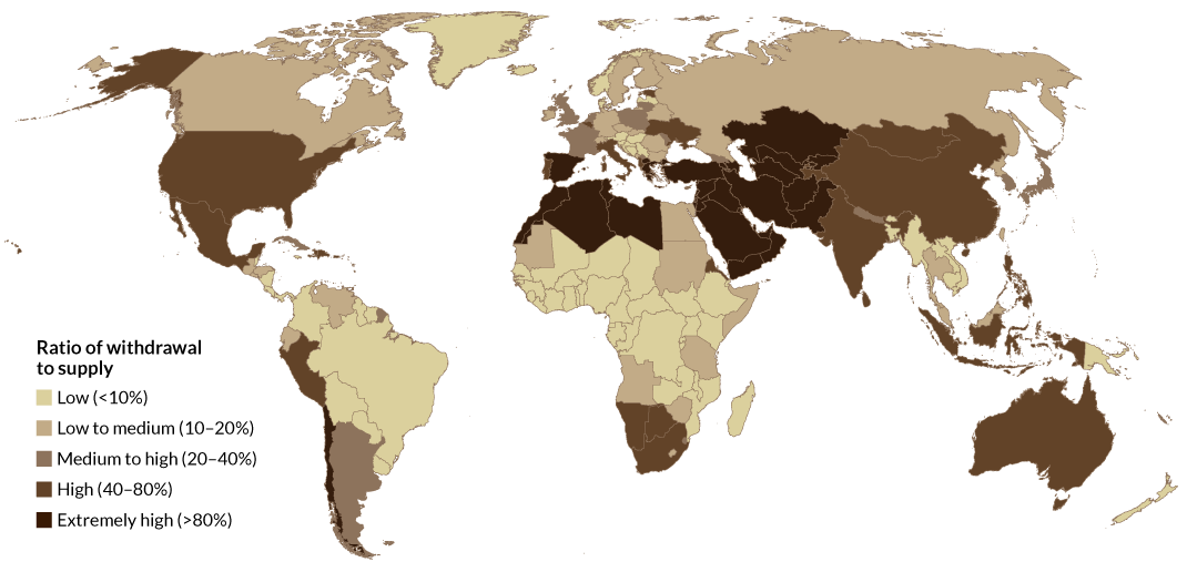 Водный стресс стран мира, прогнозируемый к 2040 году. Фото.