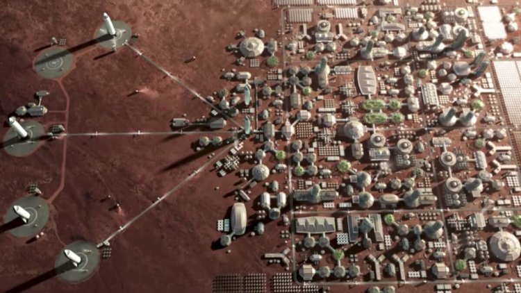 Возможно 2030-е годы: строительство первого марсианского города. Марсианская колония в представлении Илона Маска. Фото.