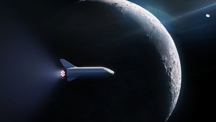 2023 год: отправка людей на ракете BFR вокруг Луны. BFR летит вокруг Луны. Фото.