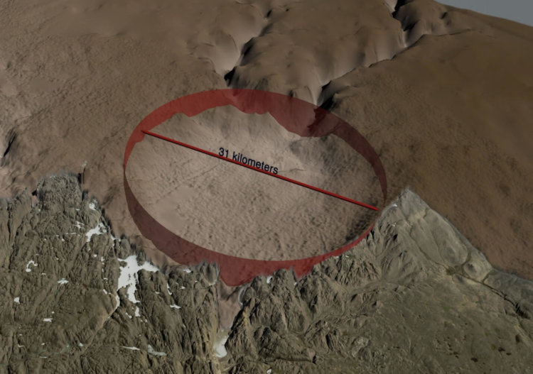 Под гренландским ледником обнаружен 31-километровый ударный кратер. Фото.