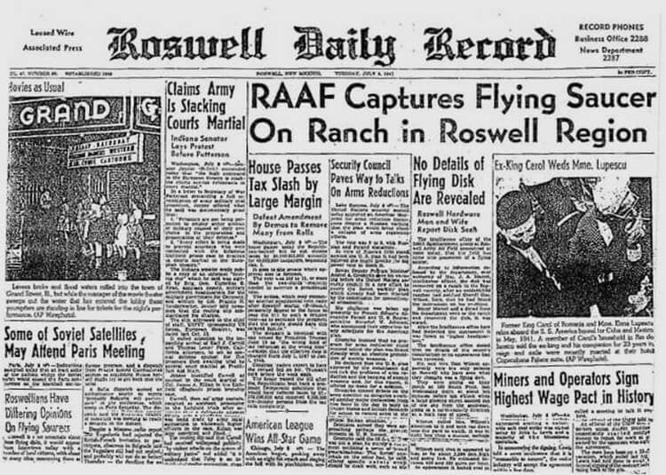 Розуэлл. Первая полоса Roswell Daily. Фото.