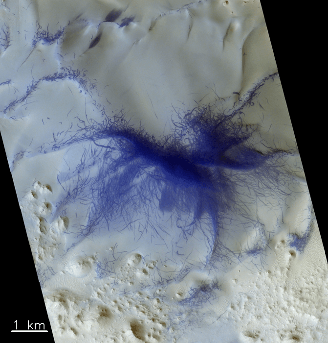 Европейский орбитальный модуль сфотографировал «волосатого синего паука» на Марсе