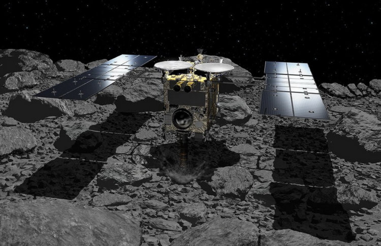 Зонд «Хаябуса-2» провел бомбардировку астероида Рюгу, создав на его поверхности кратер. Фото.