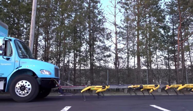 #видео | Роботы SpotMini от Boston Dynamics тянут за собой огромный грузовик. Фото.