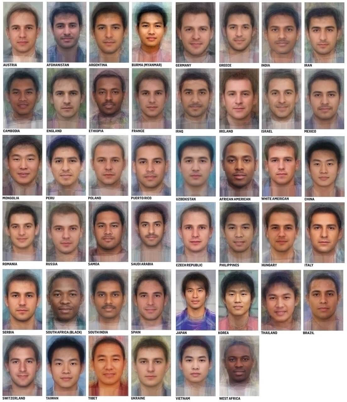 Как выглядят среднестатистические люди в разных странах? Оригинал картинки с лицами разных расс. Фото.