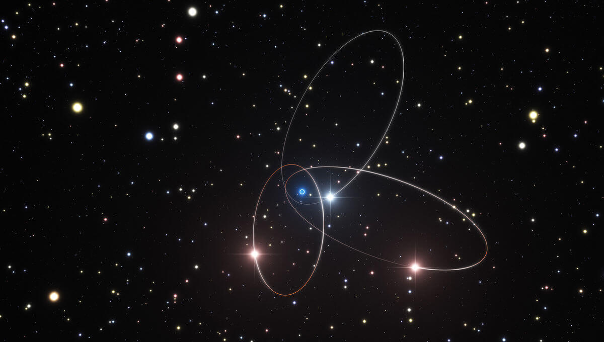 Необычное столкновение трех сверхмассивных черных дыр и его последствия. Так выглядит траектория столкновения трех галактик. Фото.