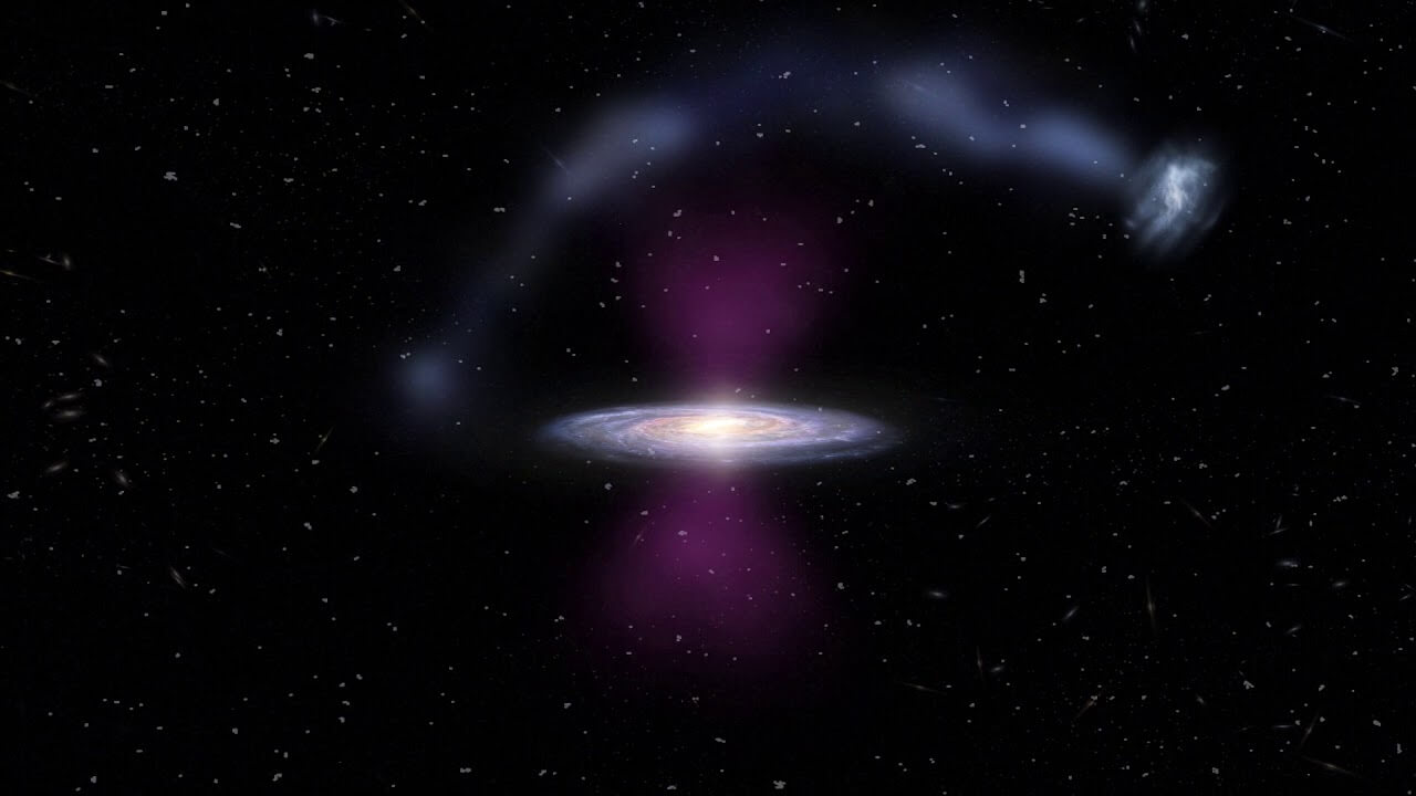 Луч света в темноте. Впечатление художника о массивных всплесках ионизирующего излучения, вырывающихся из центра Млечного Пути и воздействующих на Магелланов Поток. Автор: Джеймс Джозефидес / ASTRO 3D. Фото.