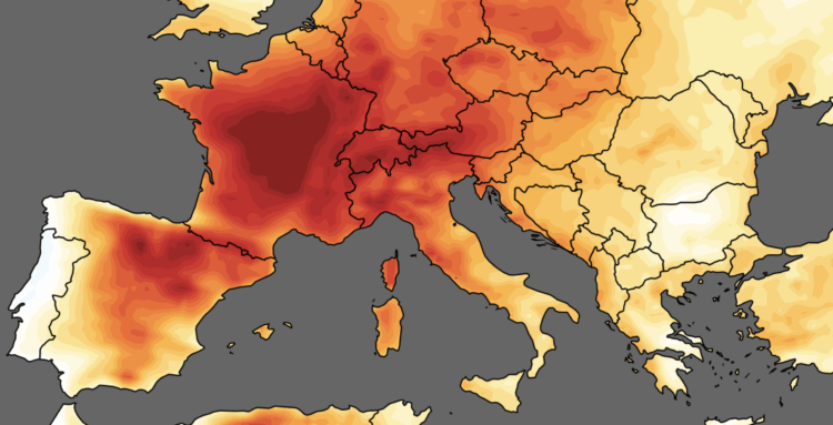 Чем опасна аномальная жара? Красным выделены тепловые волны, окутавшие Европу летом 2019 года. Фото.