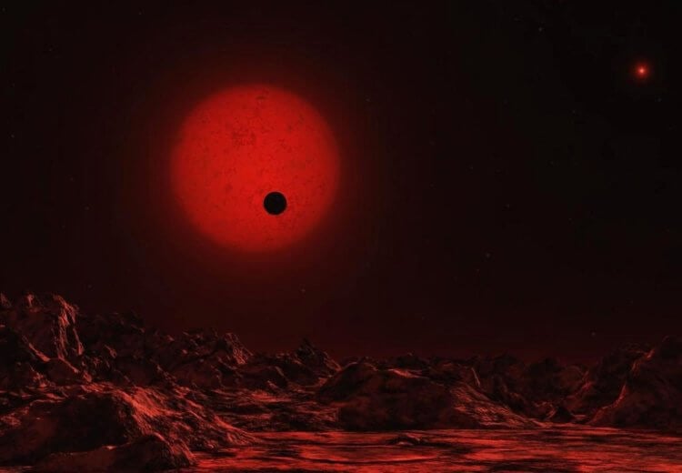 Может ли планета превратиться в звезду? Вид с поверхности расположенной у красного карлика планеты в представлении художника. Фото.