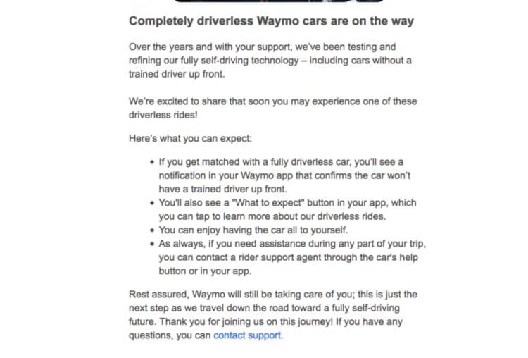 Waymo запускает на дороги автономные такси. Вообще без водителей. Текст письма, которое Waymo рассылает своим клиентам. Фото.