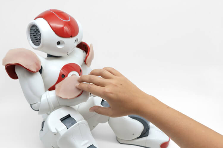 Кожа, разработанная для смартфонов и человекоподобных роботов, реагирует на прикосновения. Пример использования разработанной искусственной кожи на теле робота. Фото.