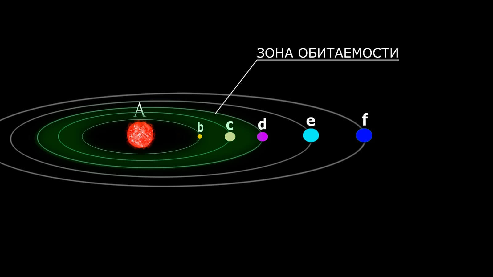 Зеленым выделена зона обитаемости и планеты, которые в ней находятся. Фото.