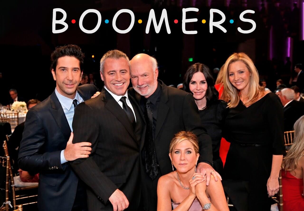 Каст сериала “Друзья” практически в полном составе. Надпись наверху — “бумеры”. Фото.