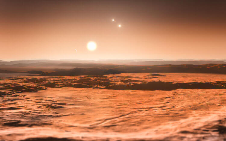 Какой климат может иметь планета с тремя солнцами? Планета LTT1445Ab в представлении художника. Фото.