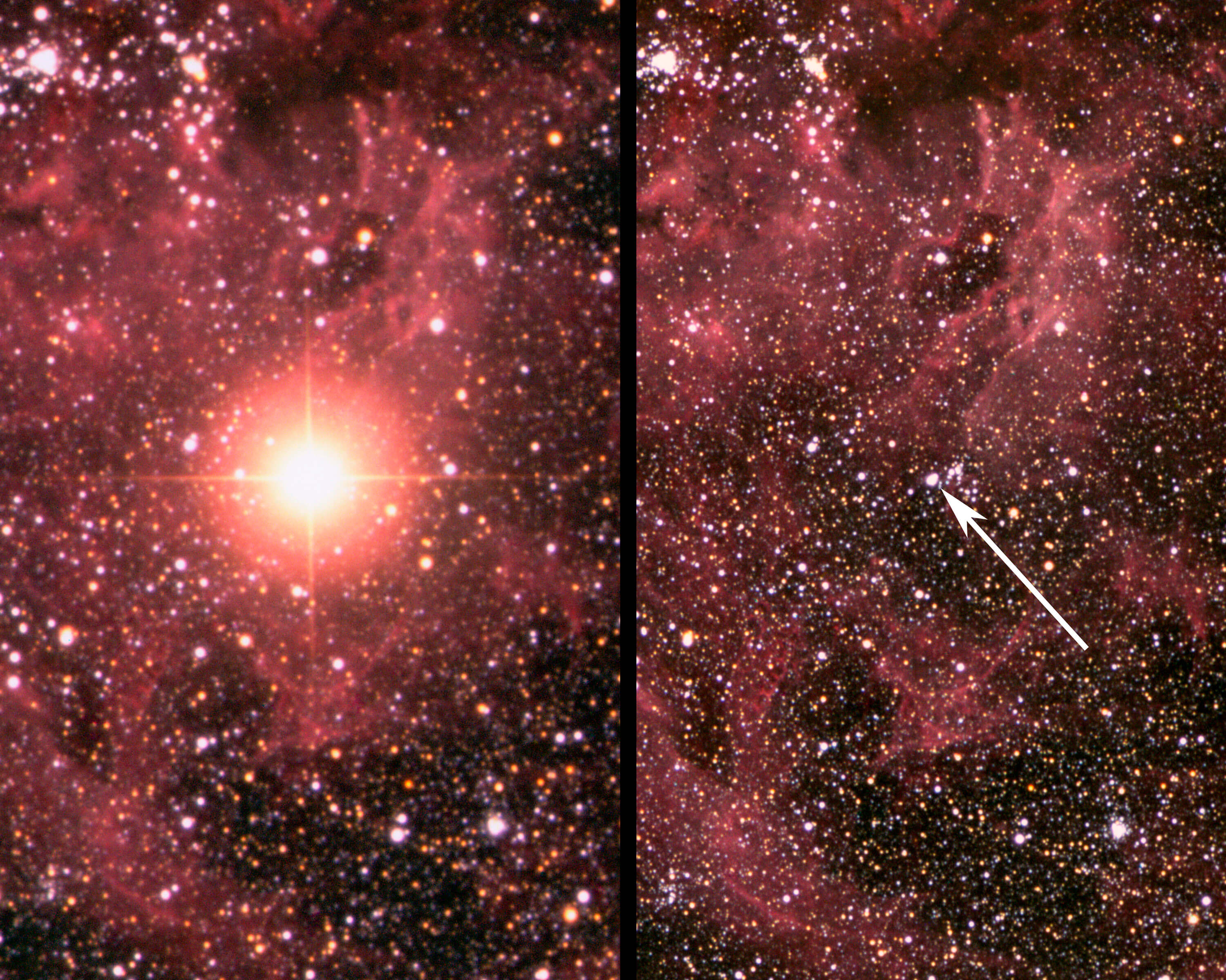 Изучая звездную пыль. Слева — вспышка сверхновой, справа остатки от взрыва, окутанные пылью. Фото.