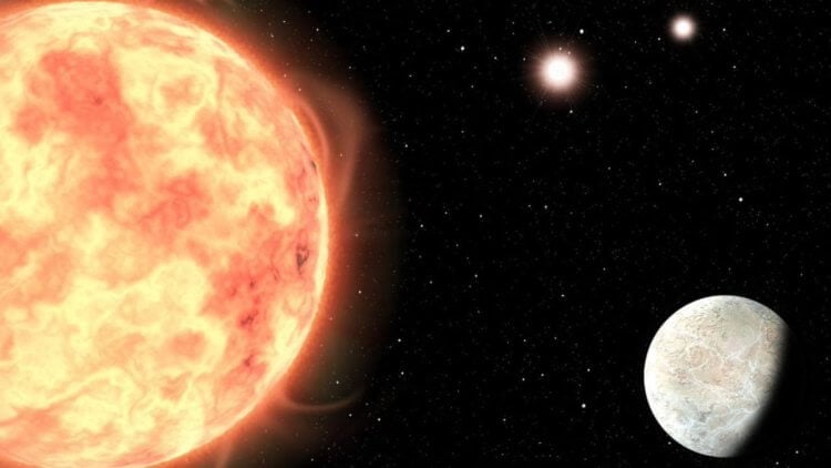 Планета, освещенная тремя звездами. Планета LTT1445Ab расположена вблизи сразу трех красных карликовых звезд. Фото.