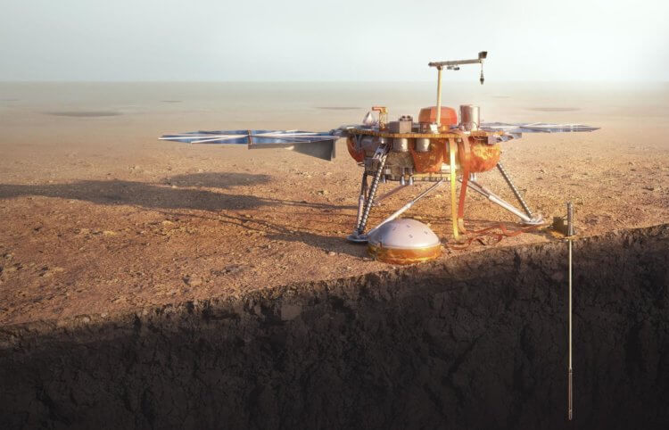 Что скрывают равнины Марса? Аппарат Insight во время бурения. Фото.