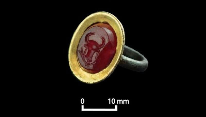 Кольцо с гравировкой быка и виноградной лозы. Фото.